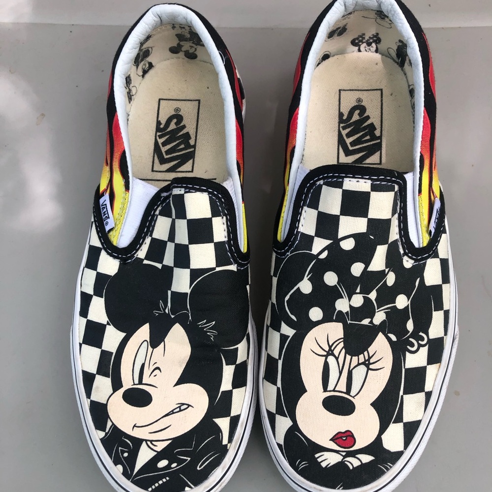 Vans Black & White Checkerboard Slip-Ons with Red/Yellow Flame and Mickey Art - Picture 2 of 6